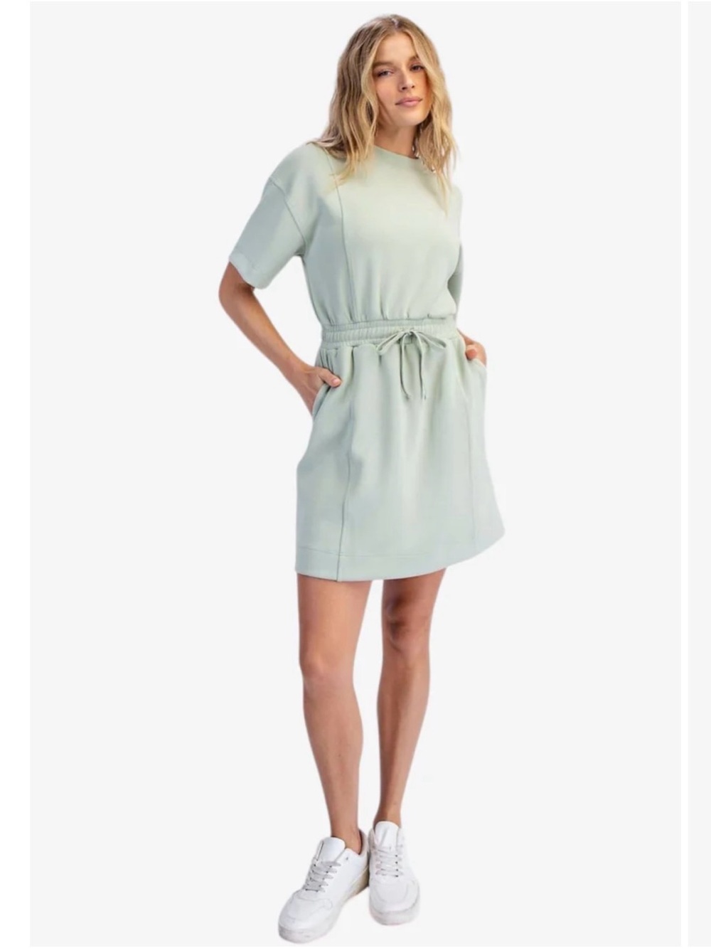 Rae Mode Everyday Drawstring Waist Mini Dress - Light Sage